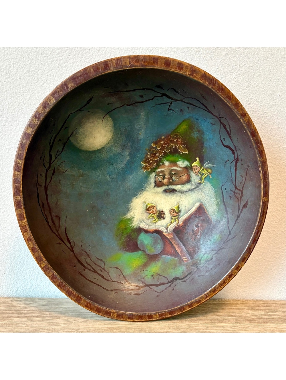 Santa Folk Art Wood Tray Hand Painted Wall Decor Christmas Elves Holiday